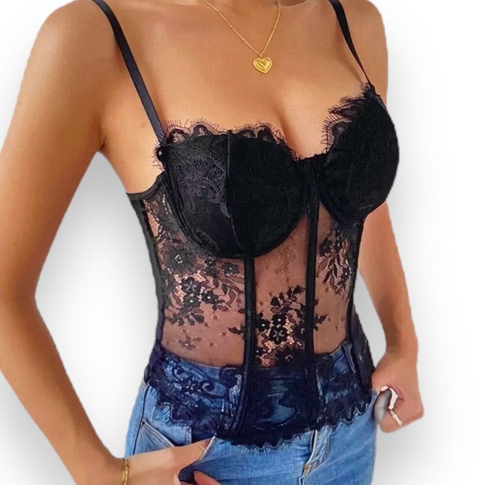 Black Floral Lace Sheer Bustier Corset Top - NEW